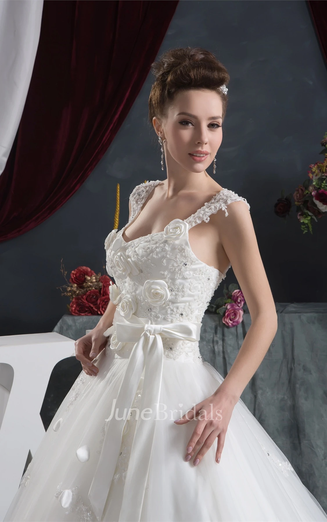 Strapped Tulle Ball Gown with Ribbon and Appliques