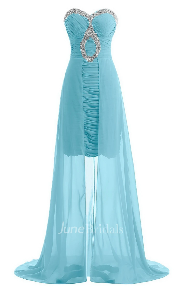 Sweetheart Long Chiffon Dress With Ruching and Sequins