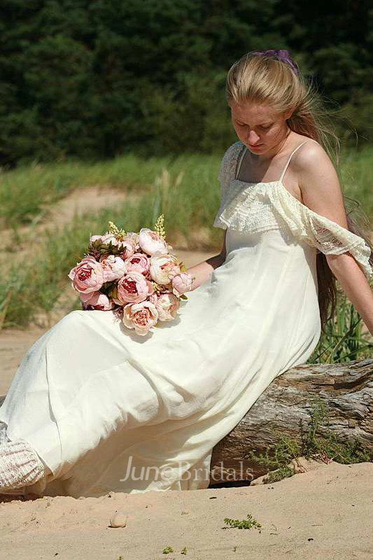 Spaghetti Boho Off-The-Shoulder Chiffon Lace Wedding Dress