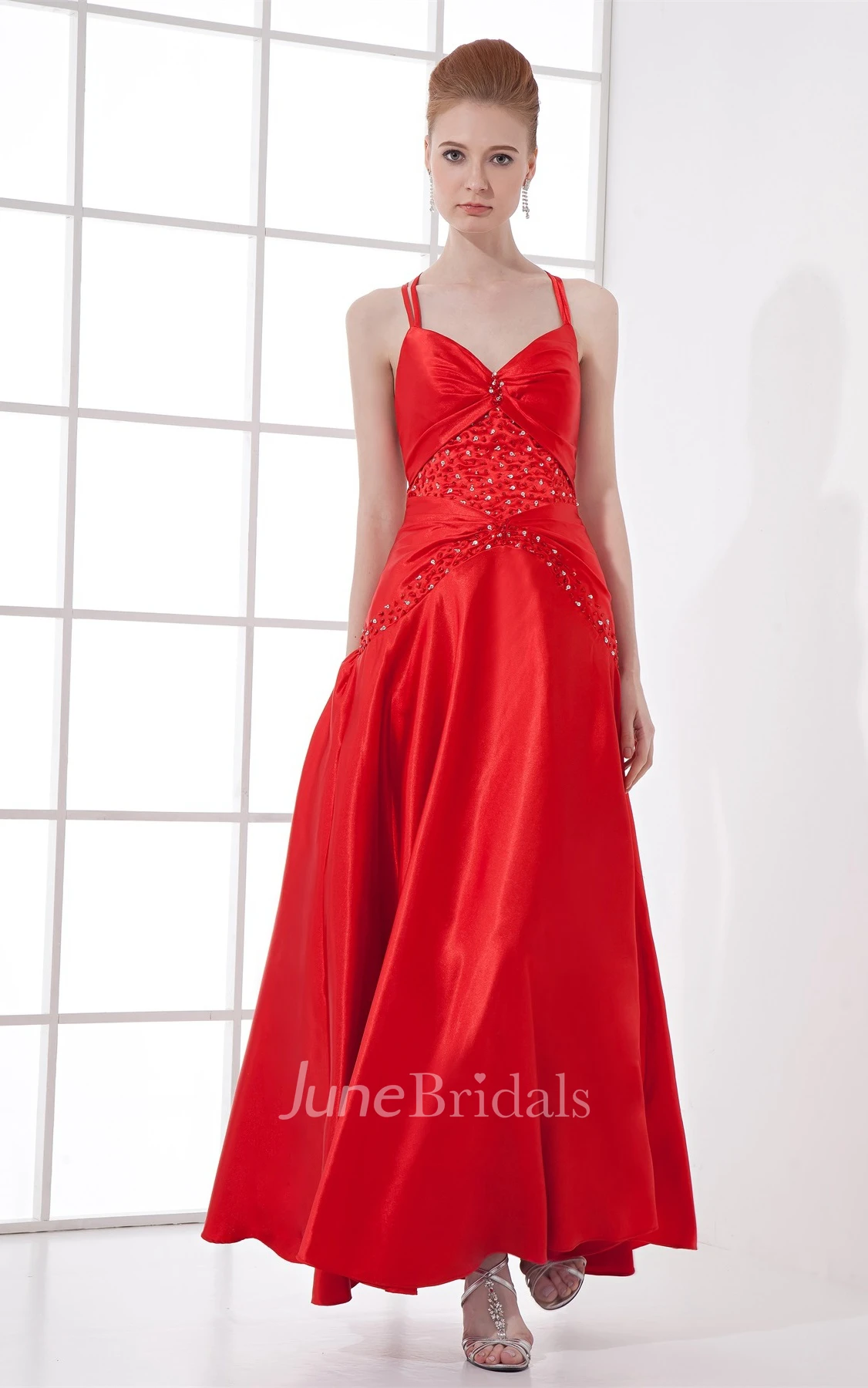 spaghetti-strap satin ankle-length dress with pleats and beading
