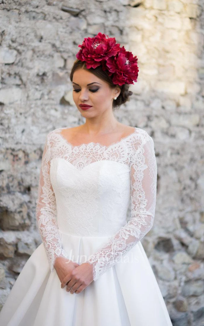 Bateau Neck Long Sleeve Satin Wedding Dress With Sweep Train