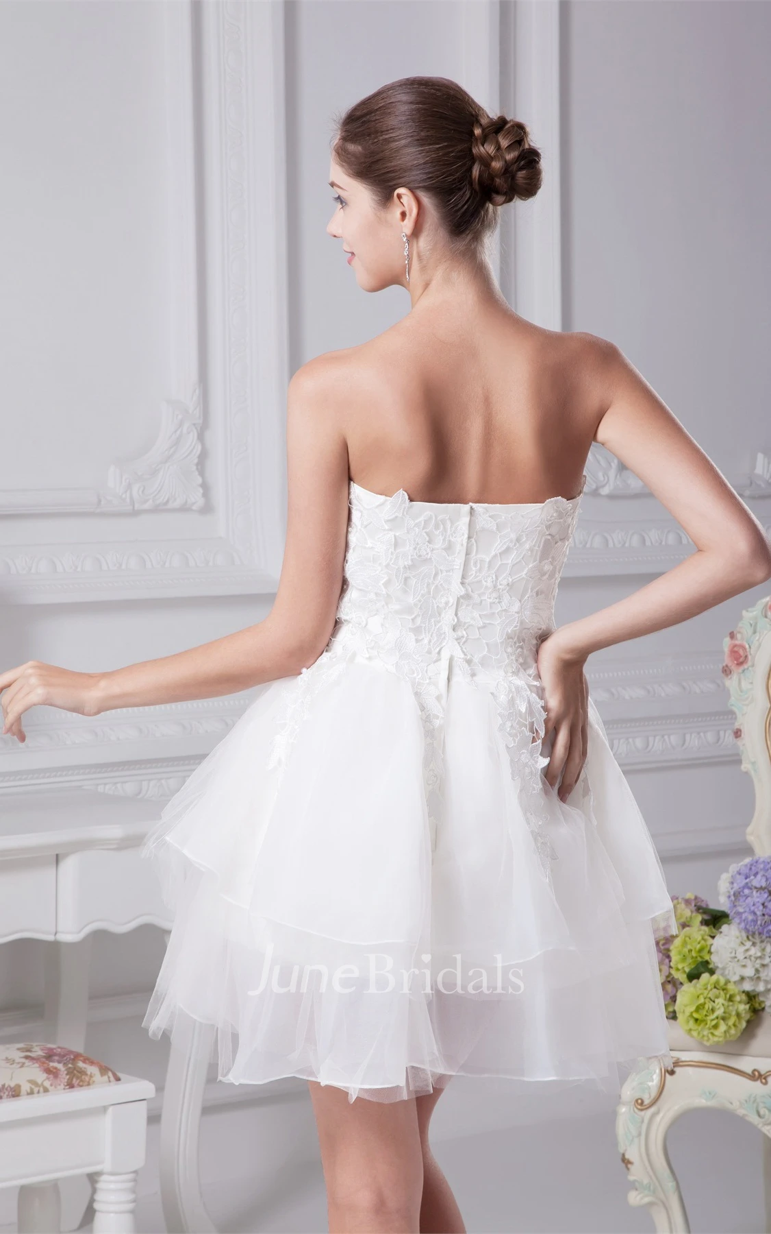 Strapless Short A-Line Dress with Appliques and Tulle Overlay