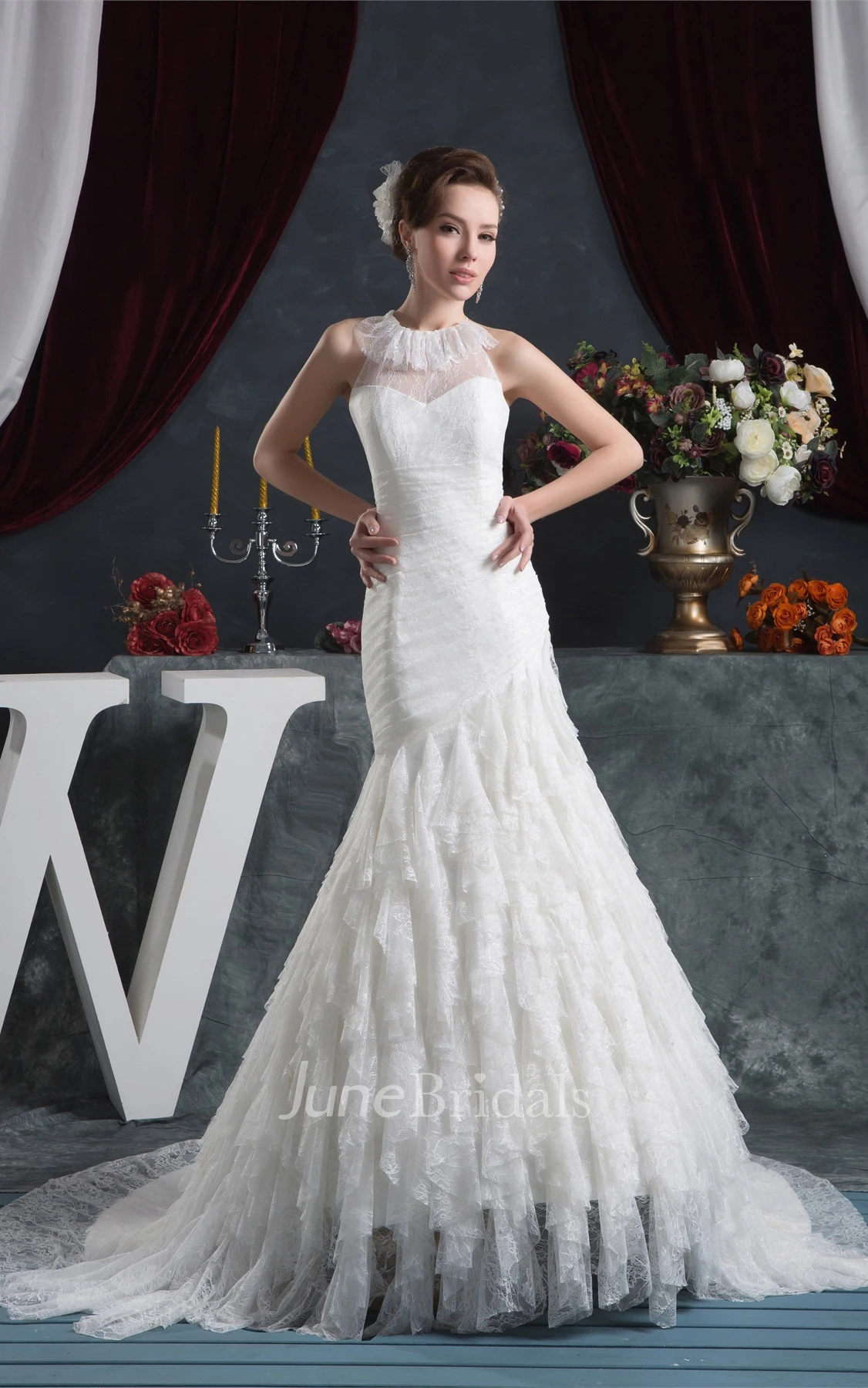 Sleeveless Mermaid Ruched Dress with Appliques and Cascading Ruffles
