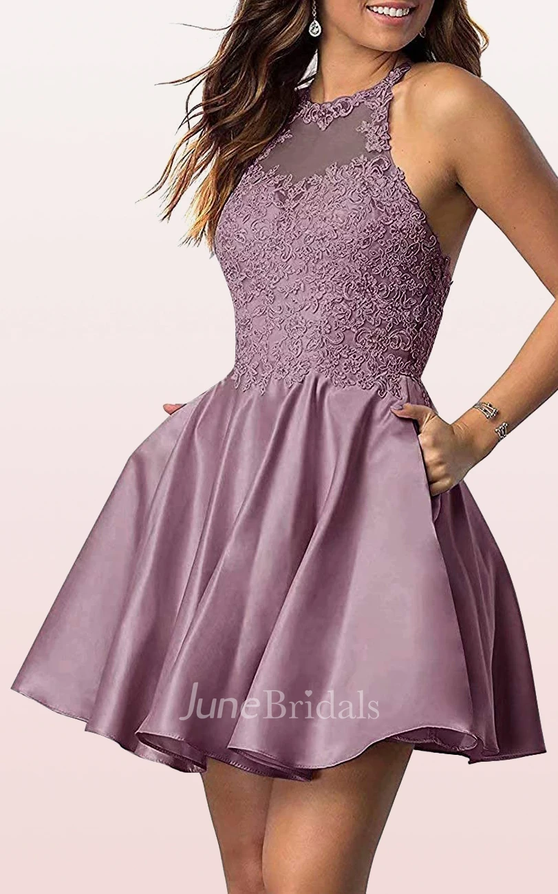 Sexy A Line Satin Lace Jewel Sleeveless Homecoming Dress with Appliques