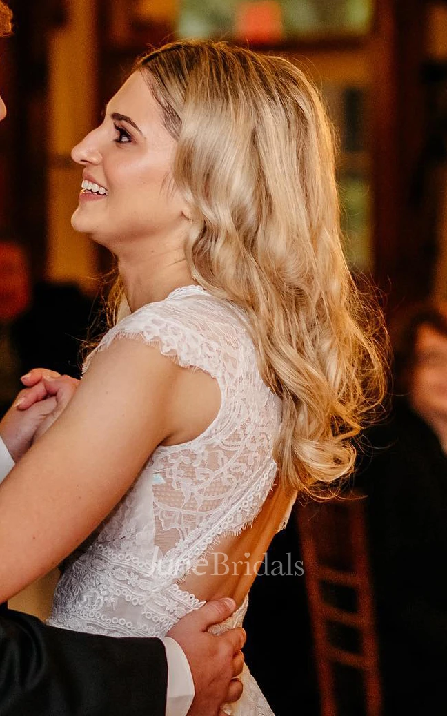 Bohemian A-Line V-neck Lace Appliques Sweep Train Bell Sleeves Garden Spring Wedding Dress