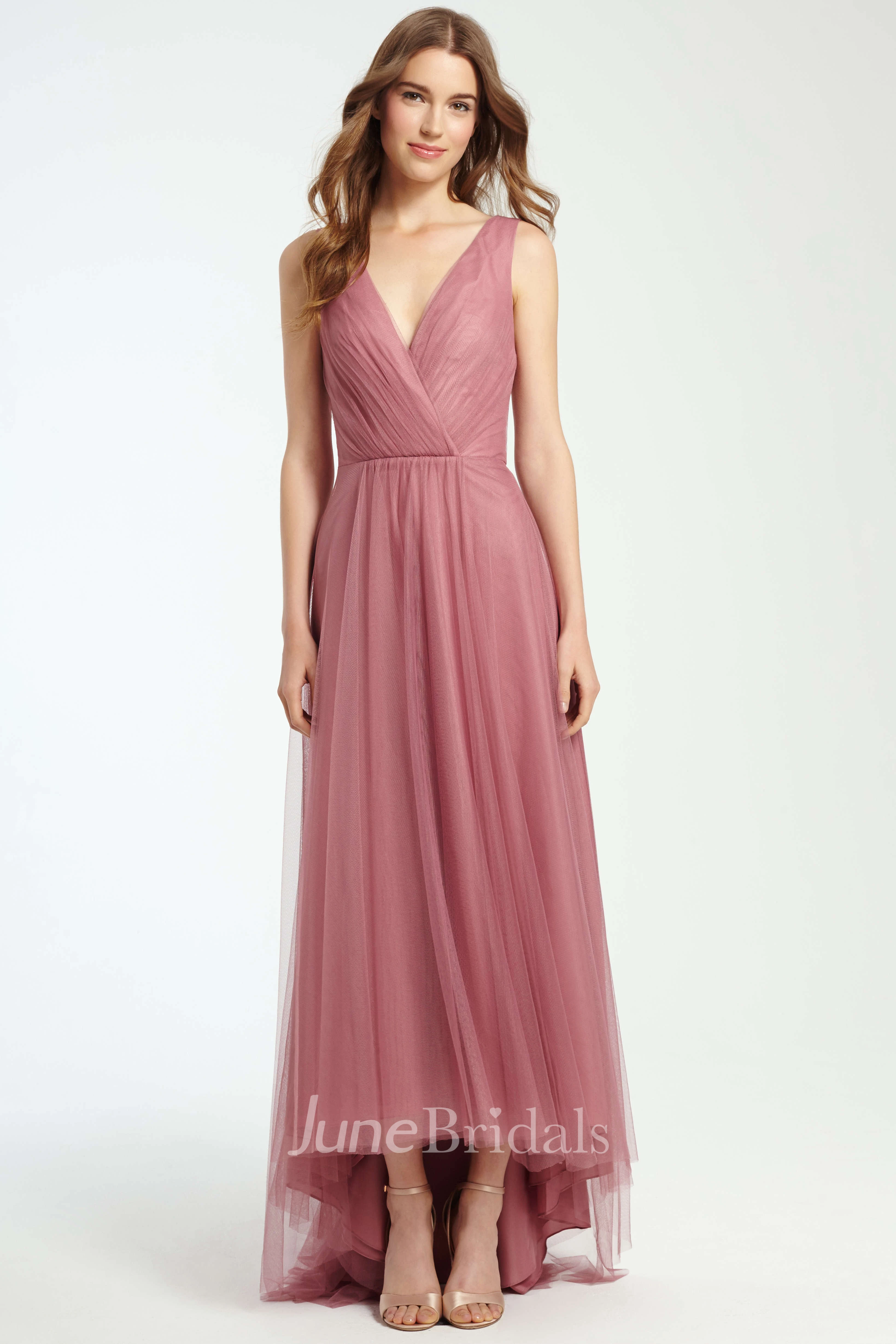 High-Low Ruched V-Neck Sleeveless Tulle Bridesmaid Dress