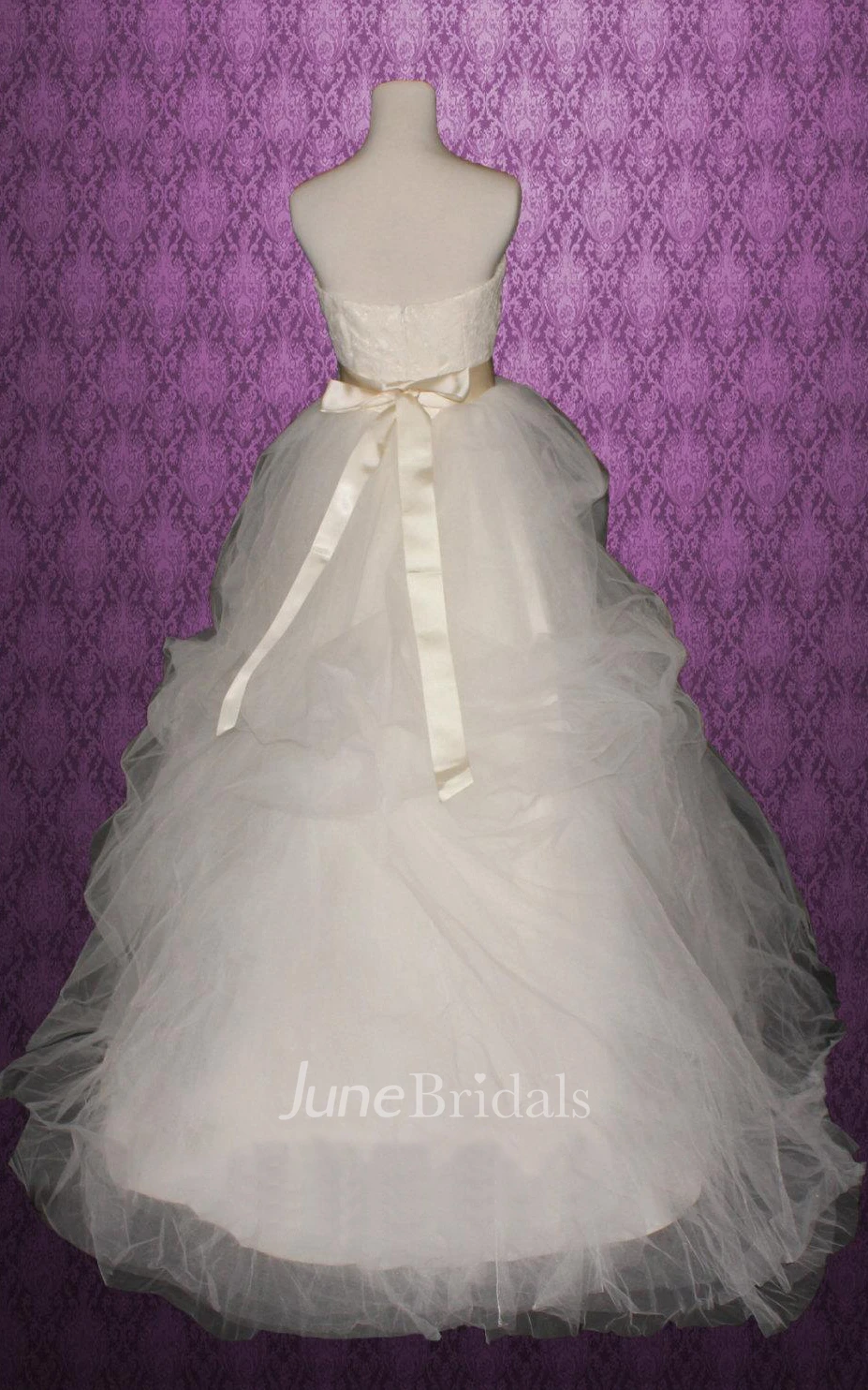 Strapless Backless Long Tulle Wedding Dress With Sash And Flower