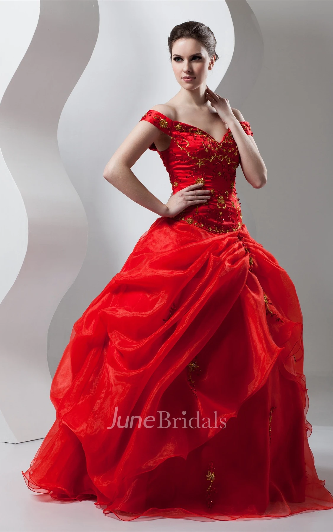 Off-The-Shoulder Pick-Up Ball Gown with Beading and Embroideries
