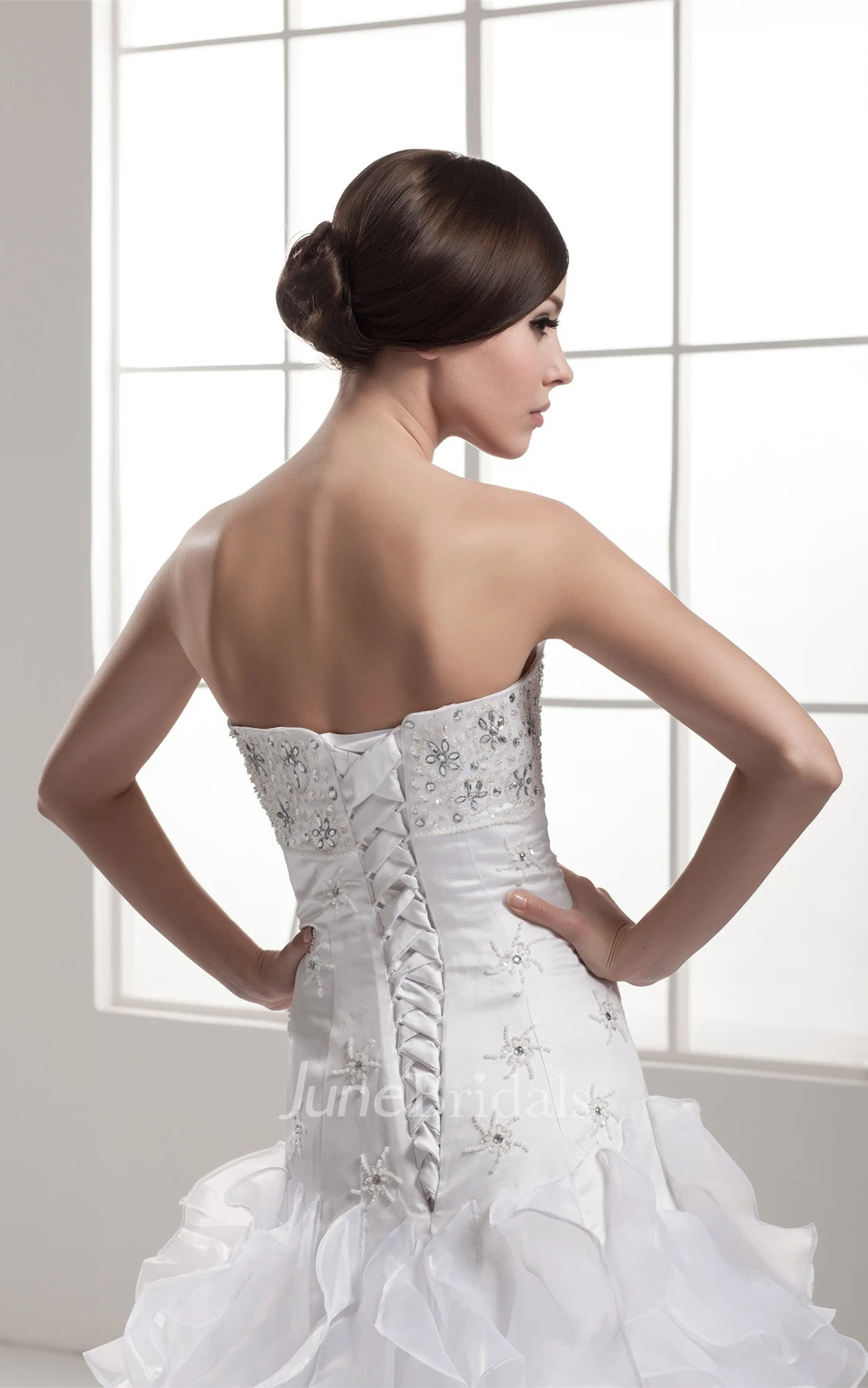 Strapless A-Line Appliqued Gown with Jewels and Ruffles