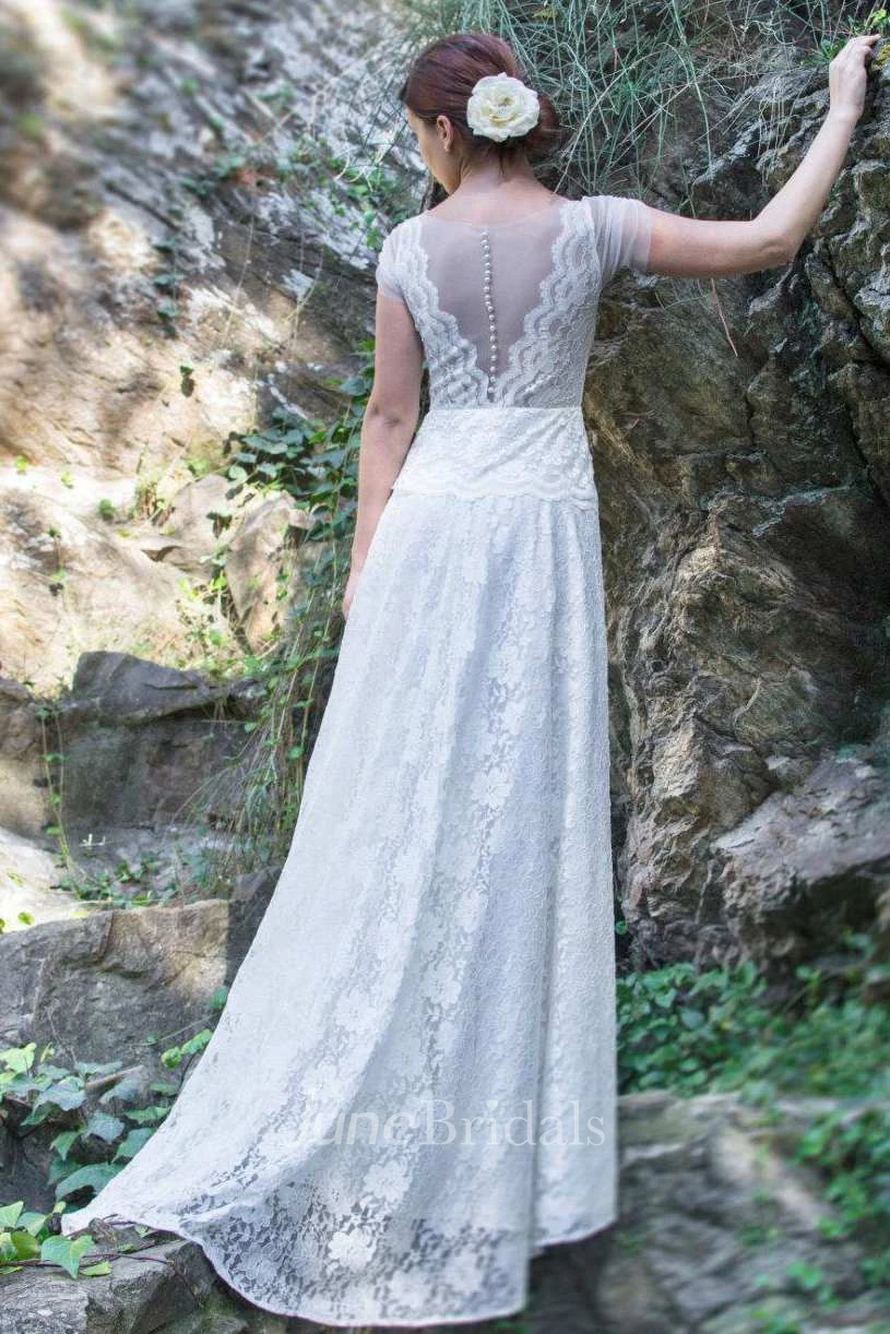 Boho Illusion V-Neck Lace Floor-Length Wedding Dress With Sweep Train