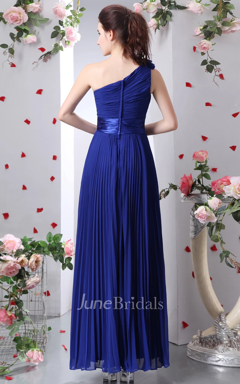 Chiffon Pleated Maxi Dress With Allover Ruching And Flower