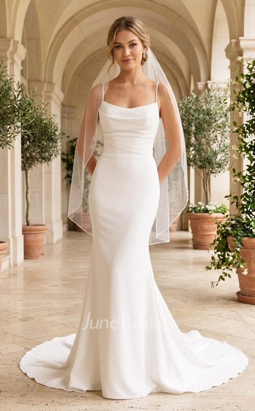 Minimalist Spaghetti Straps Satin Wedding Dress Modern Cowl Neck Mermaid Bridal Gown