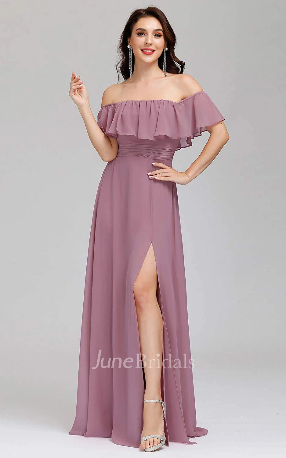 A Line Off-the-shoulder Chiffon Prom Dress With Ruffles and Split Front
