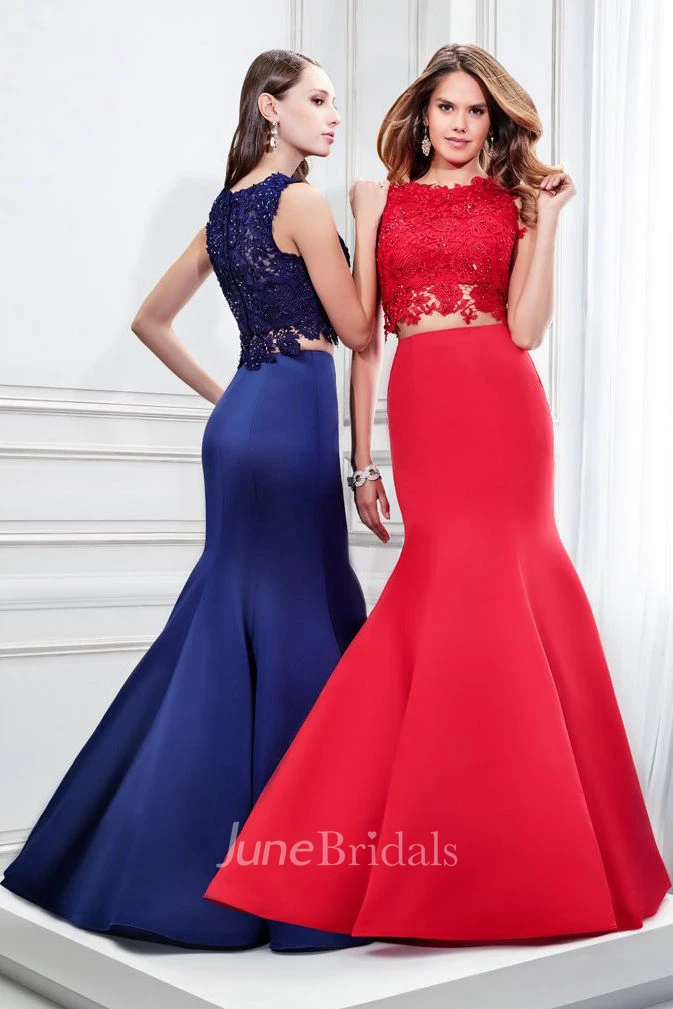Mermaid Sleeveless Jewel Neck Appliqued Satin Prom Dress