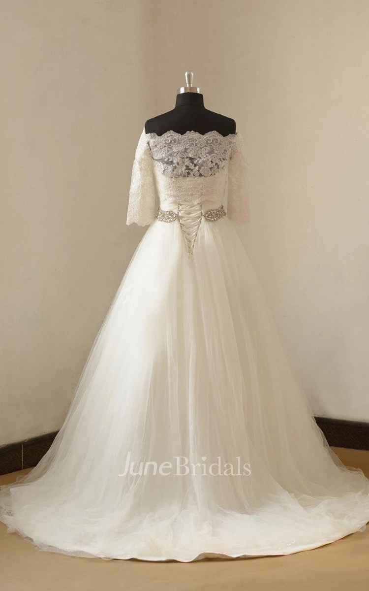 A-Line Tulle Lace Satin Dress With Bolero Lace-Up Back