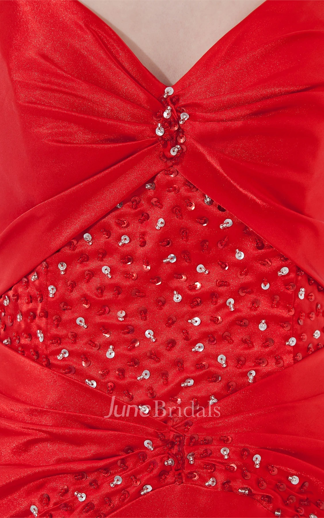 spaghetti-strap satin ankle-length dress with pleats and beading