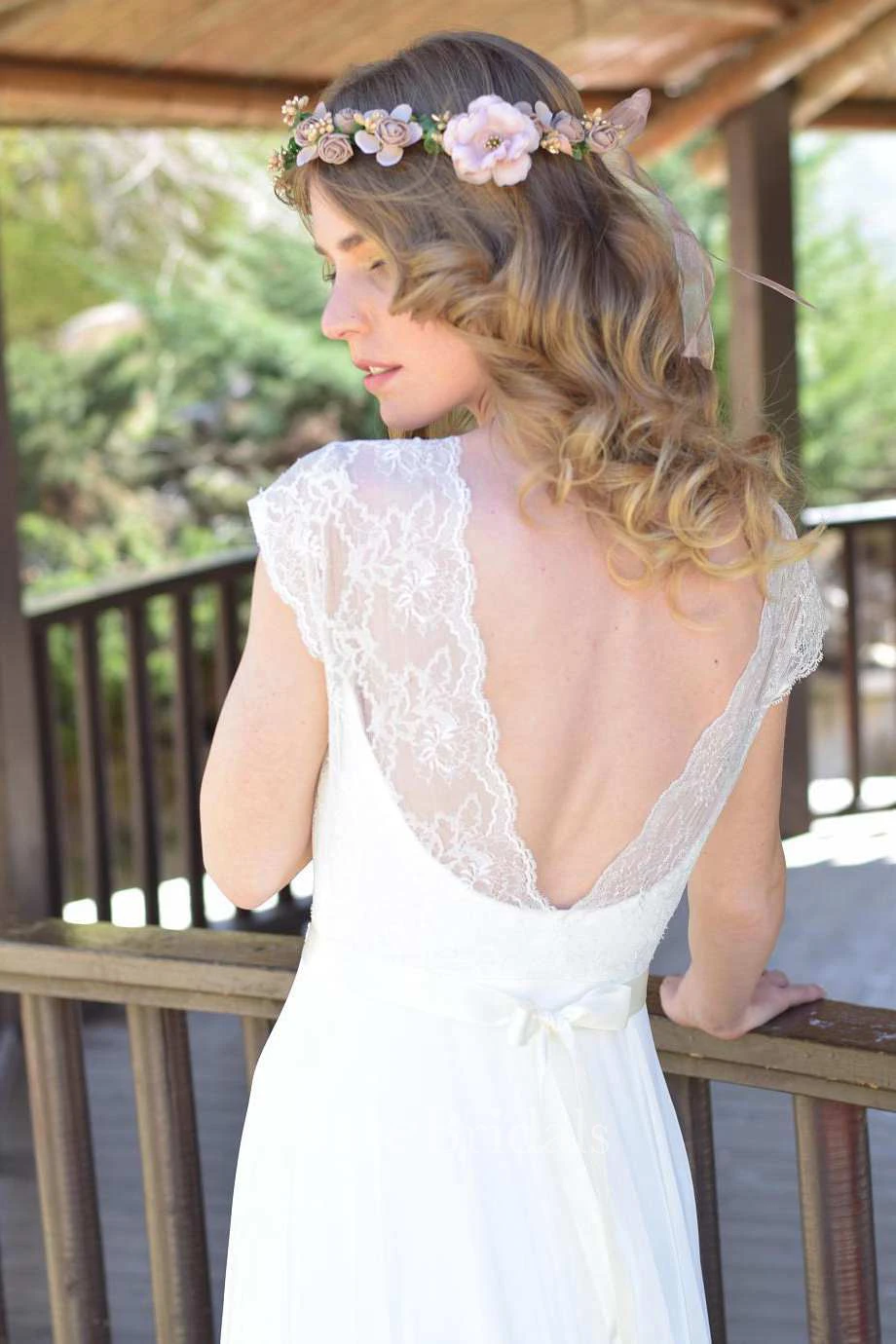 Plunged Lace Cap-Sleeve Chiffon Lace Appliqued Wedding Dress With Ribbon