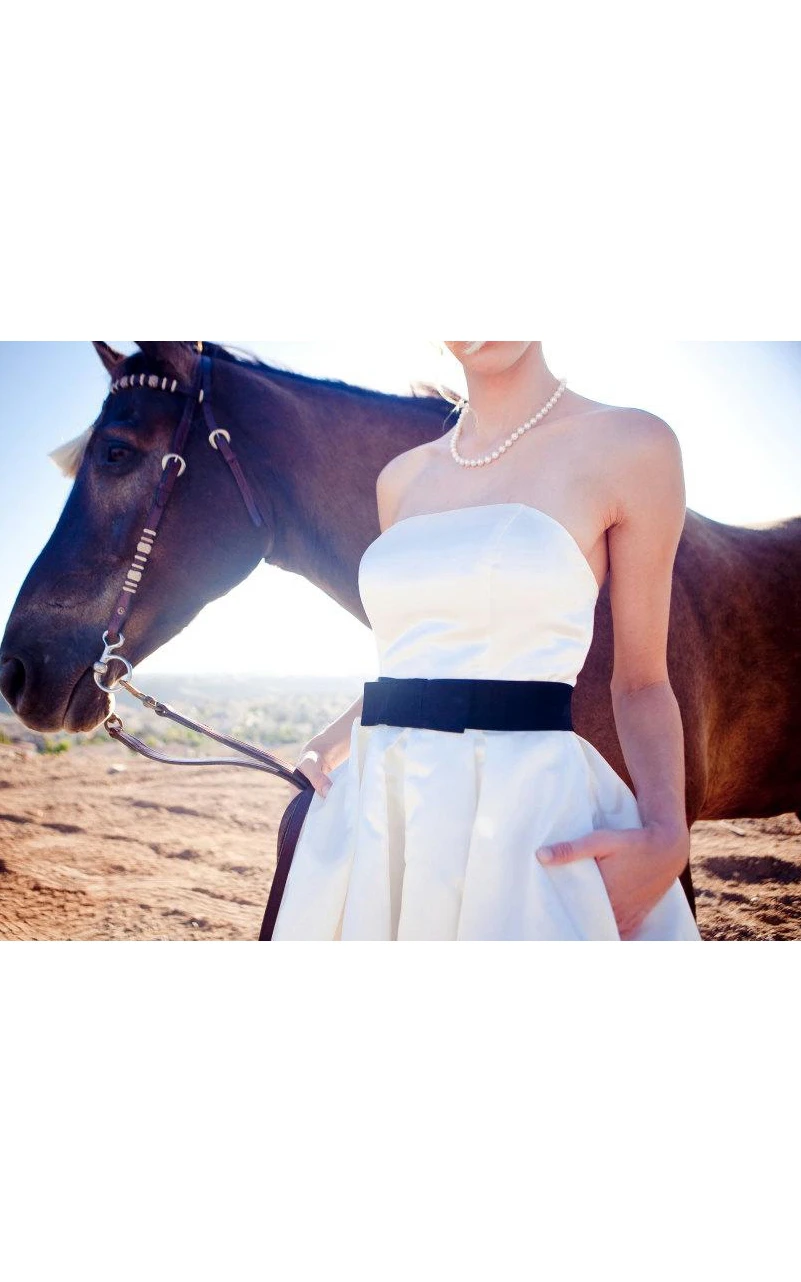 Strapless Empire Tea-Length Satin Wedding Dress With Sash And Bow