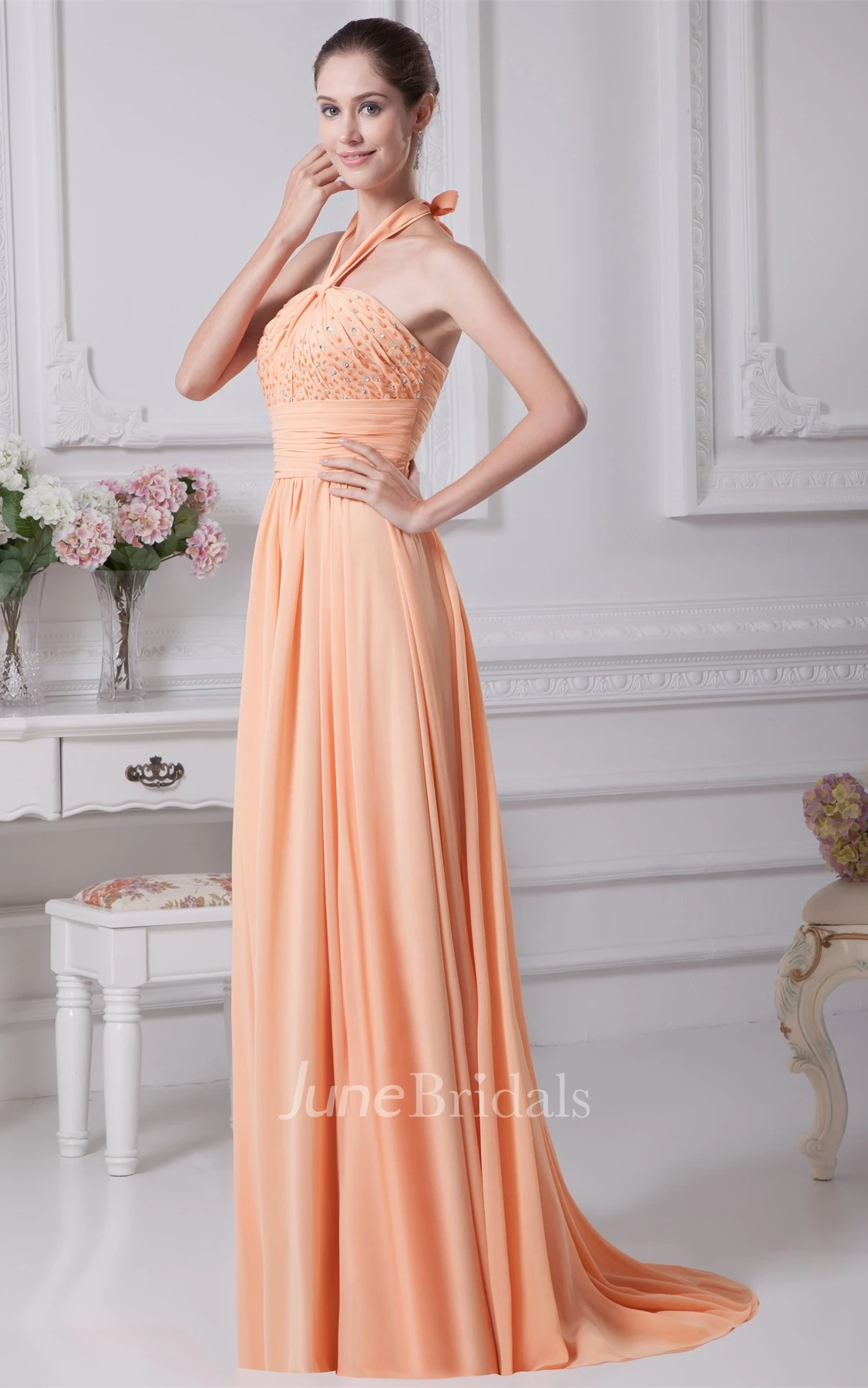 Sleeveless Ruched Chiffon A-Line Gown with Halter and Jeweled Top