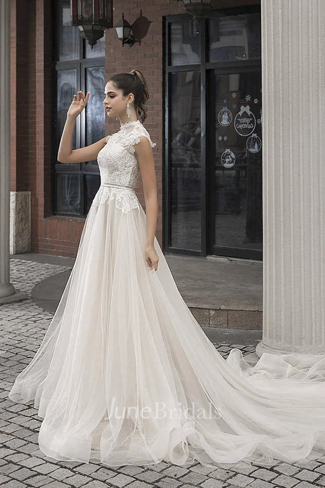High Neck Cap Sleeve Vintage Lace Tulle Bridal Gown With Button Back