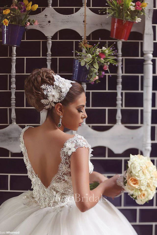 Delicate Tulle Lace Flowers Wedding Dress Ball Gown Cap Sleeve Plus Size