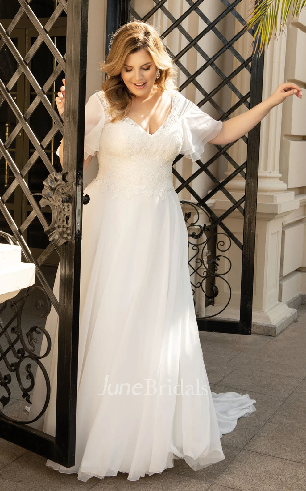 A Line Ethereal Plus Size V neck Chiffon Wedding Dress June Bridals