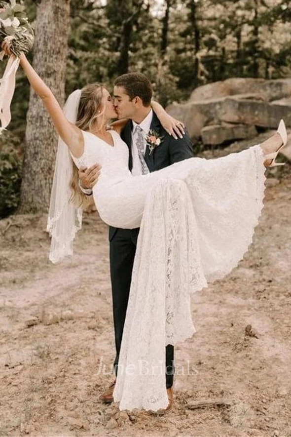 Simple Lace Sleeveless Deep-V Back Bridal Gown with Court Train