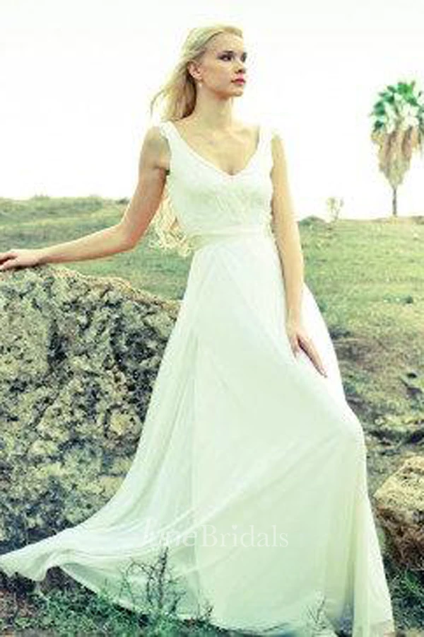 Sleeveless Plunged Chiffon Floor-Length Wedding Dress With Ribbon