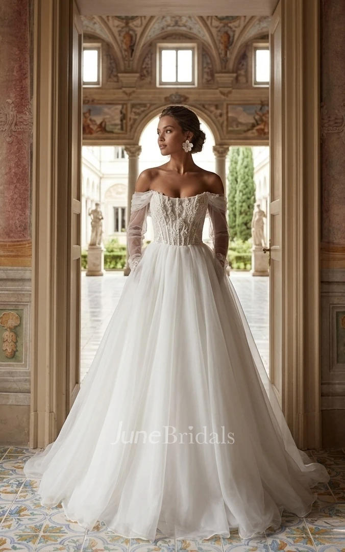 A-Line Off-the-shoulder Lace Chiffon Spring Wedding Dress Long Sleeve Appliques Open Back Bridal Gown with Train