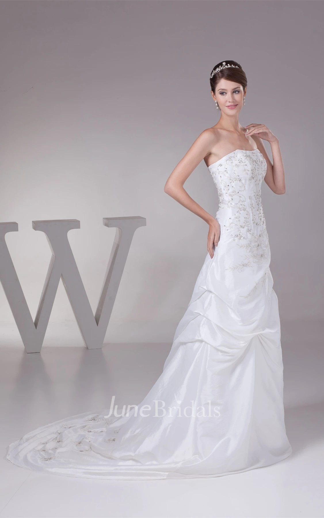 Strapless Embroidered Pick-Up Gown with Corset Back and Brush Train