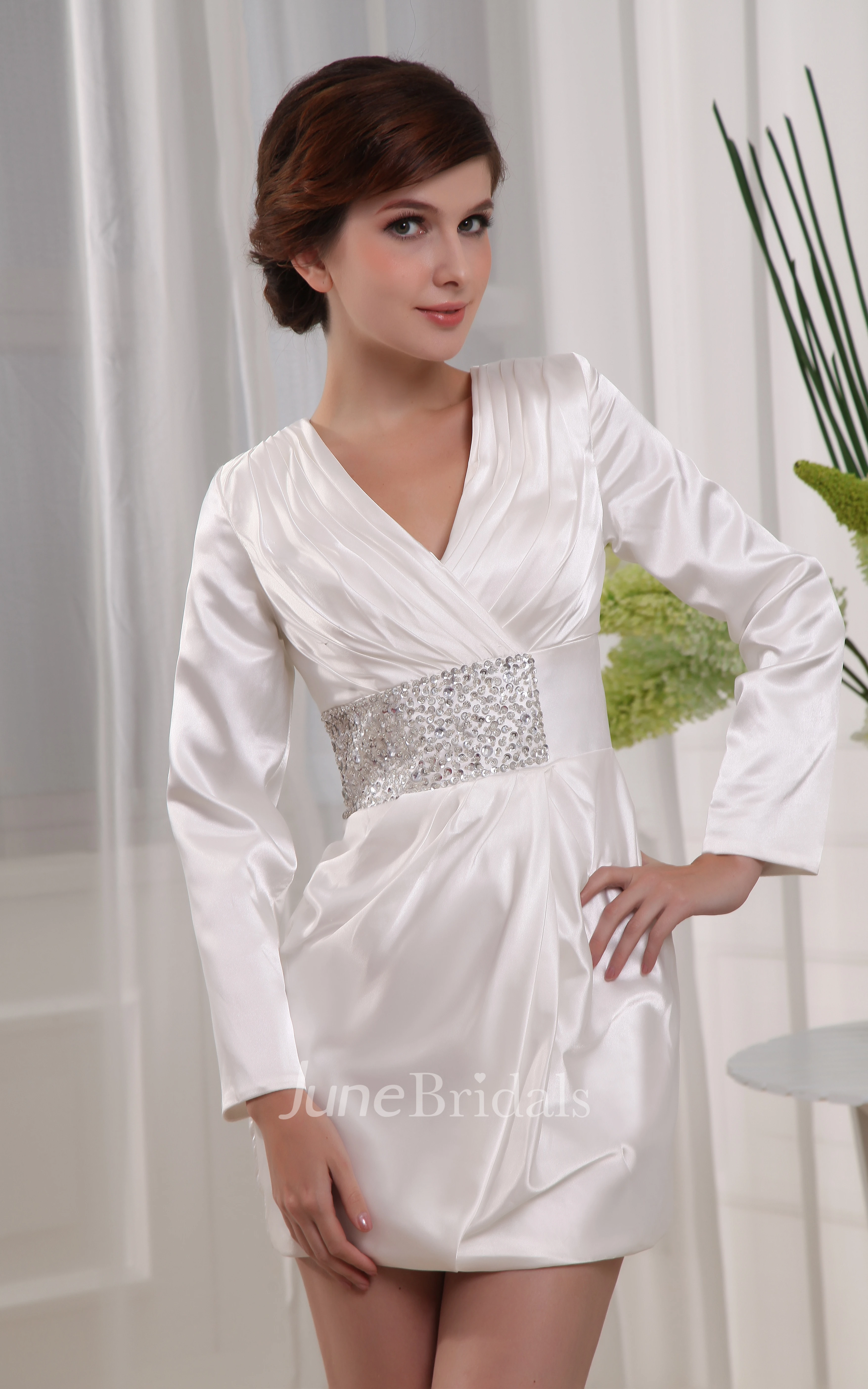 Classic Long-Sleeve V-Neck Dress With Beaded Waist