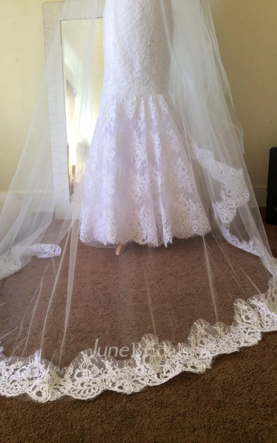 French Lace Mermaid Wedding Dress With Queen-Anne Neck