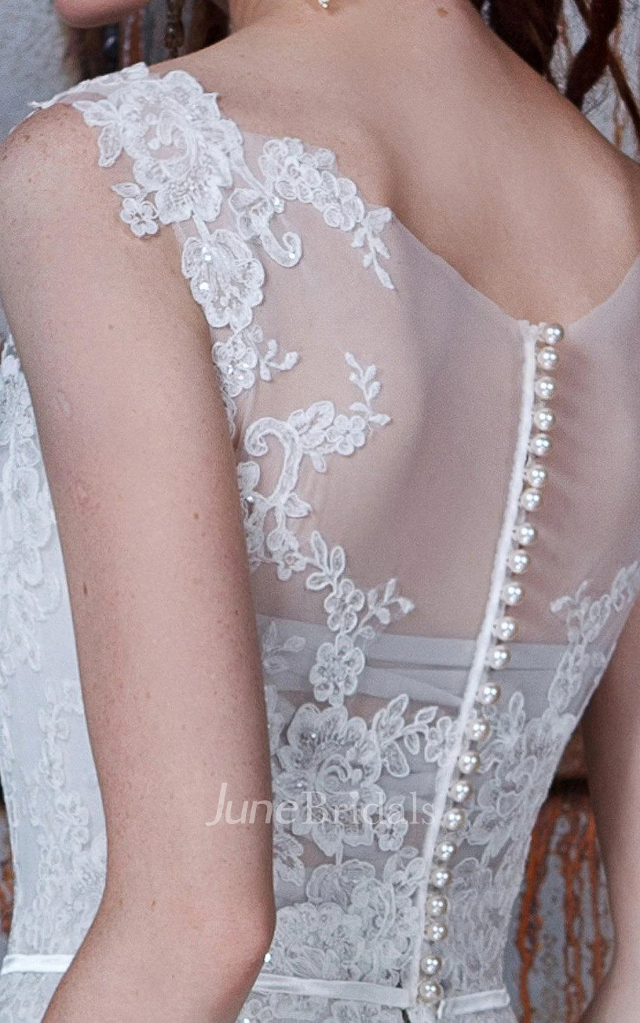 Bateau Sleeveless Sheath Lace Dress With Sweep Train And Illusion Back