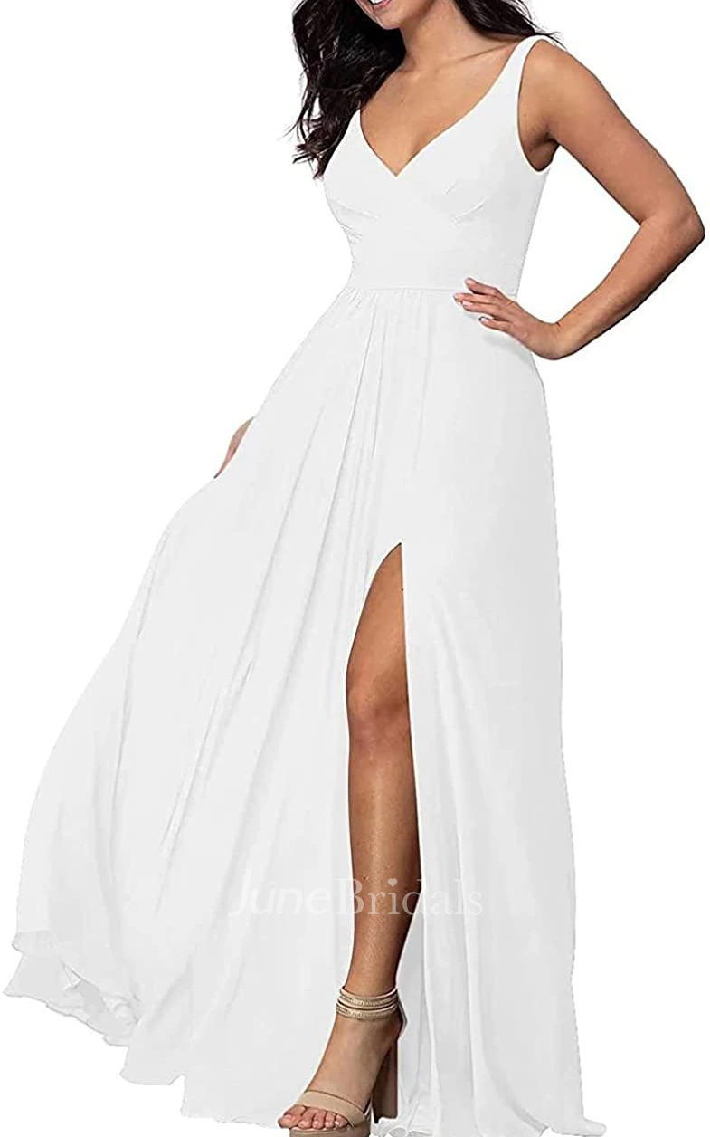 Sexy A Line V-neck Chiffon Sleeveless Bridesmaid Dress