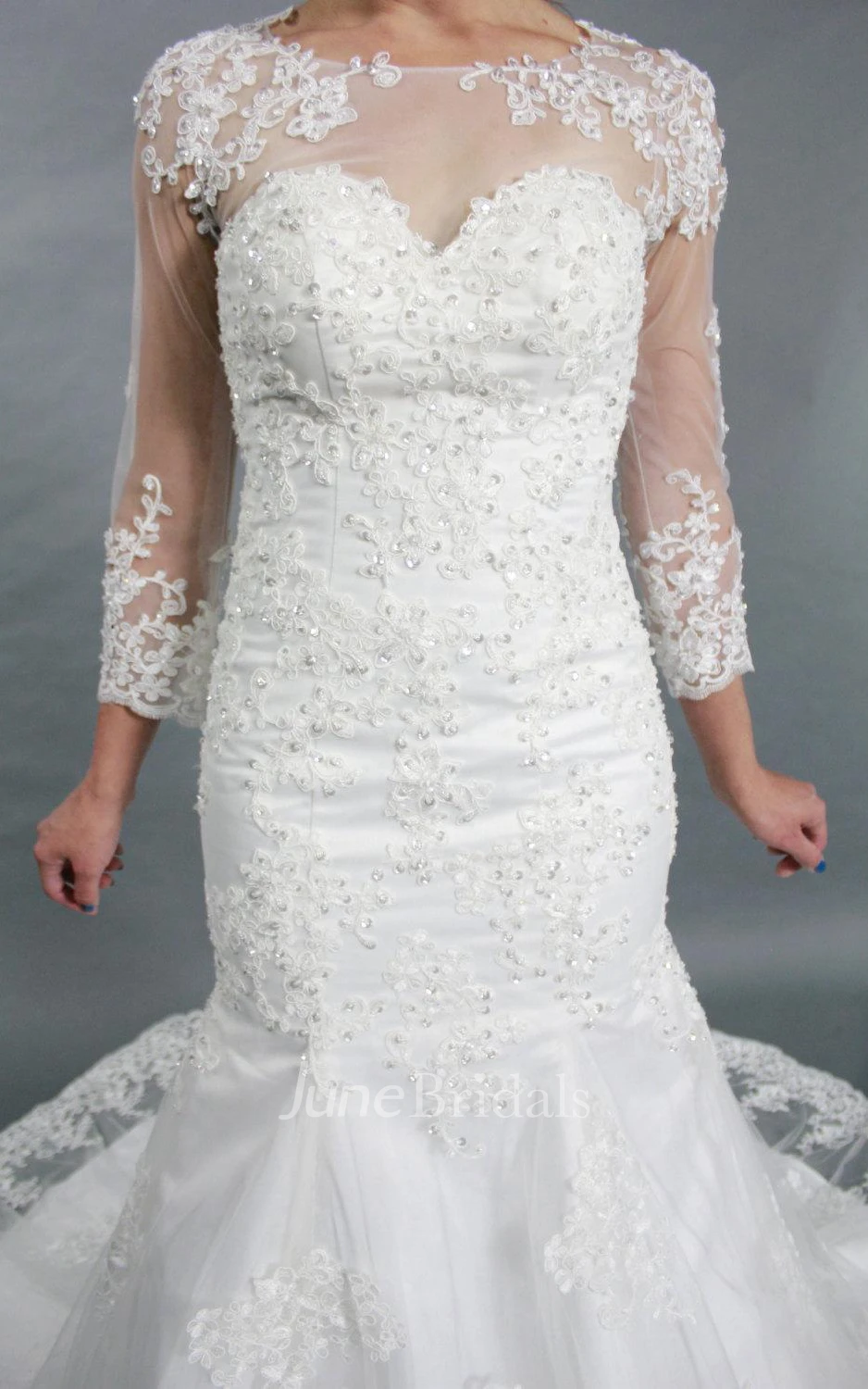 Jewel Neck Long Sleeve Mermaid Lace Wedding Dress With See Through Back