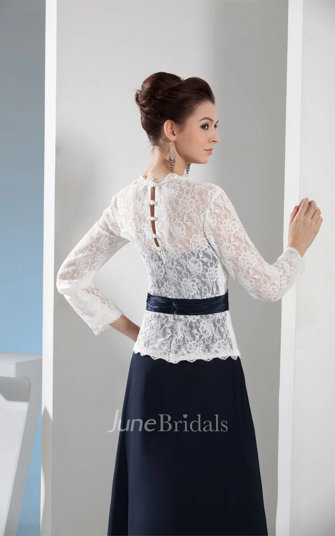 Two-Tone V-Neck Floor-Length Dress with Lace Top