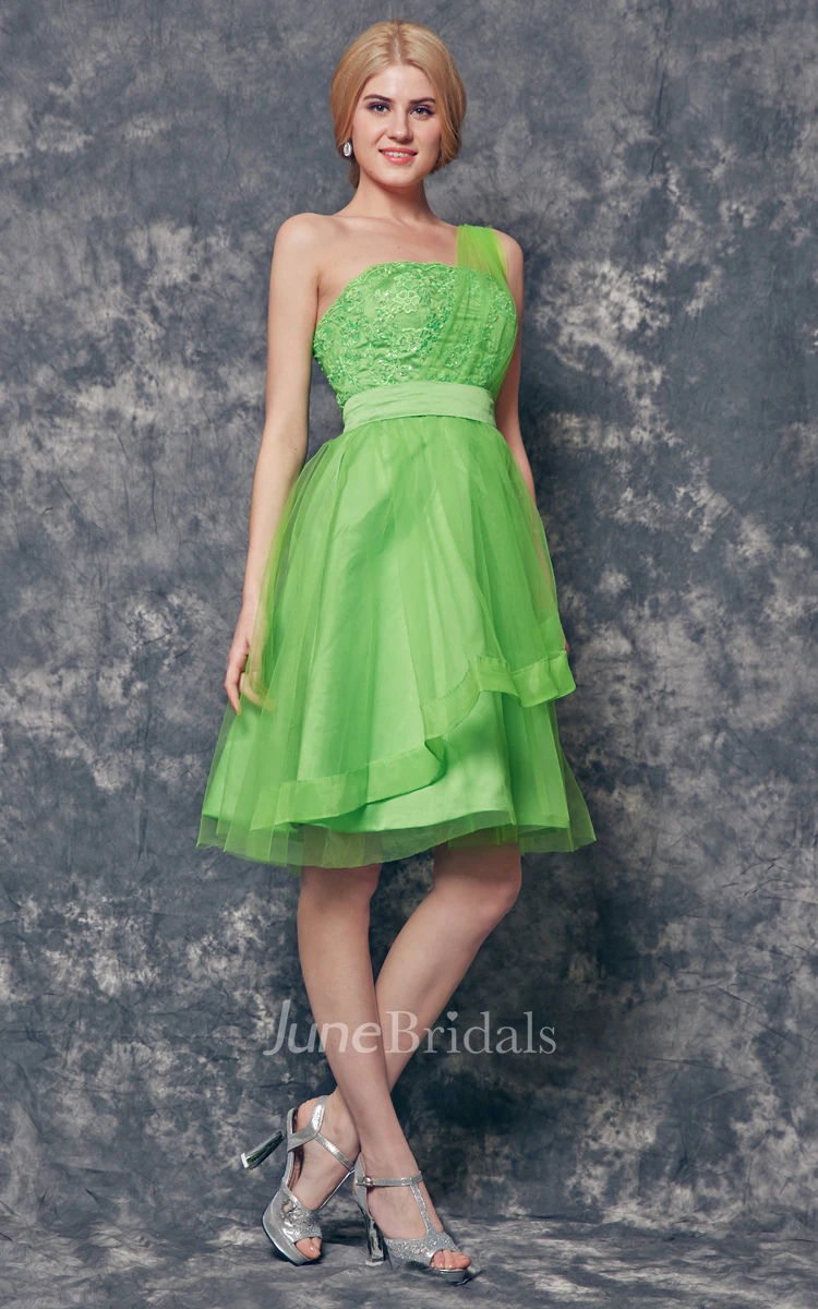 One Shoulder Tiered Short Tulle Dress With Appliques