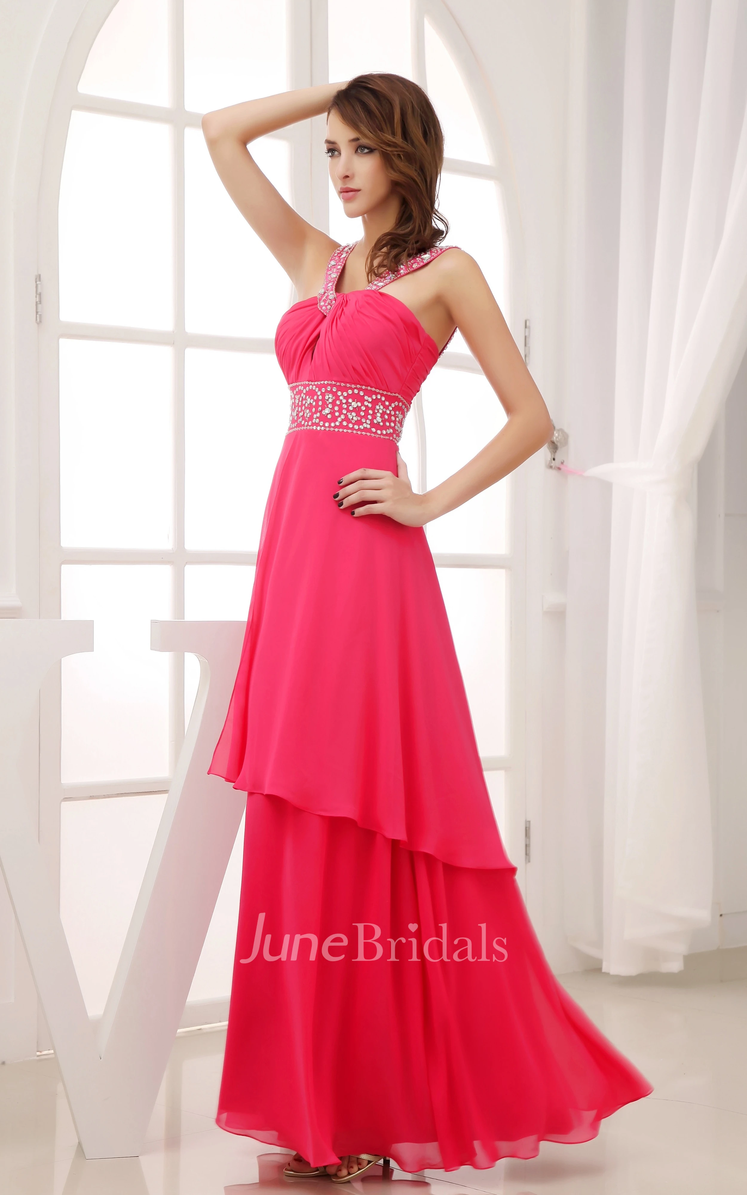 Chiffon Empire Maxi Dress With Beaded Waist