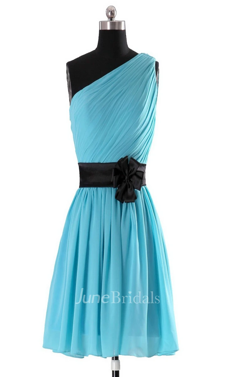 One-shoulder Pleated Chiffon Short Dress With Floral Band