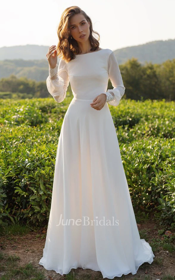 Simple Modest Country A Line Fall Wedding Dress with Long Sleeve Rustic Casual Bateau Chiffon Floor Length Sweep Train Bridal Gown June Bridals