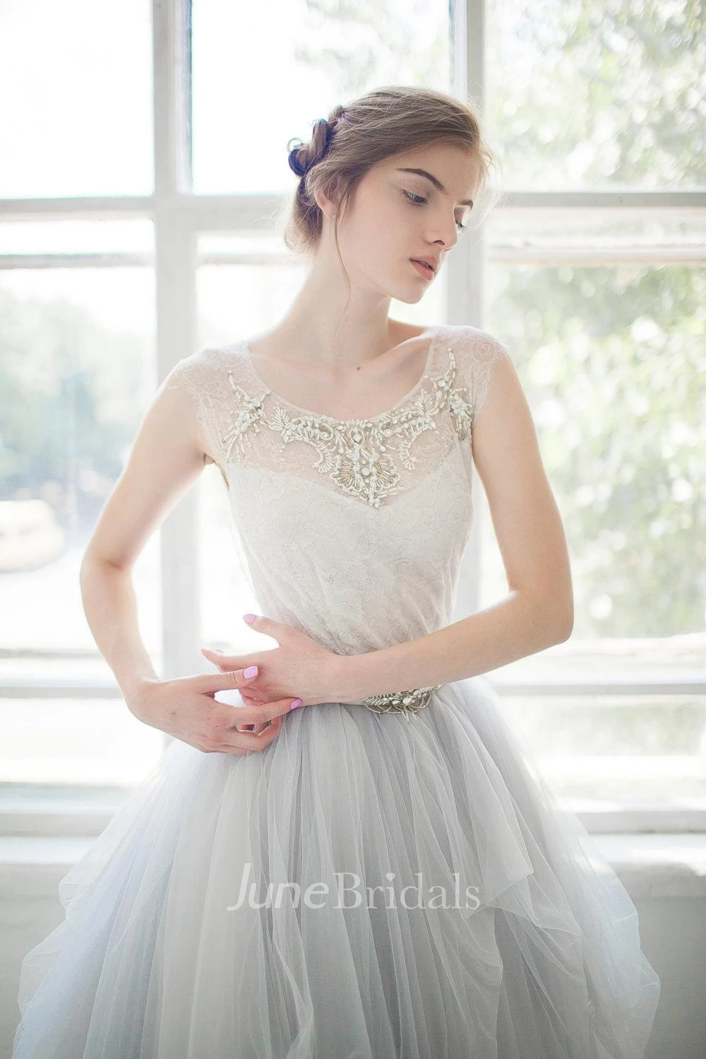 Bell Sleeve Tulle Satin Lace Wedding Dress