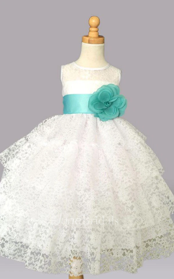 Lace Sleeveless Jewel Neck Dress With Flower&Ruffles