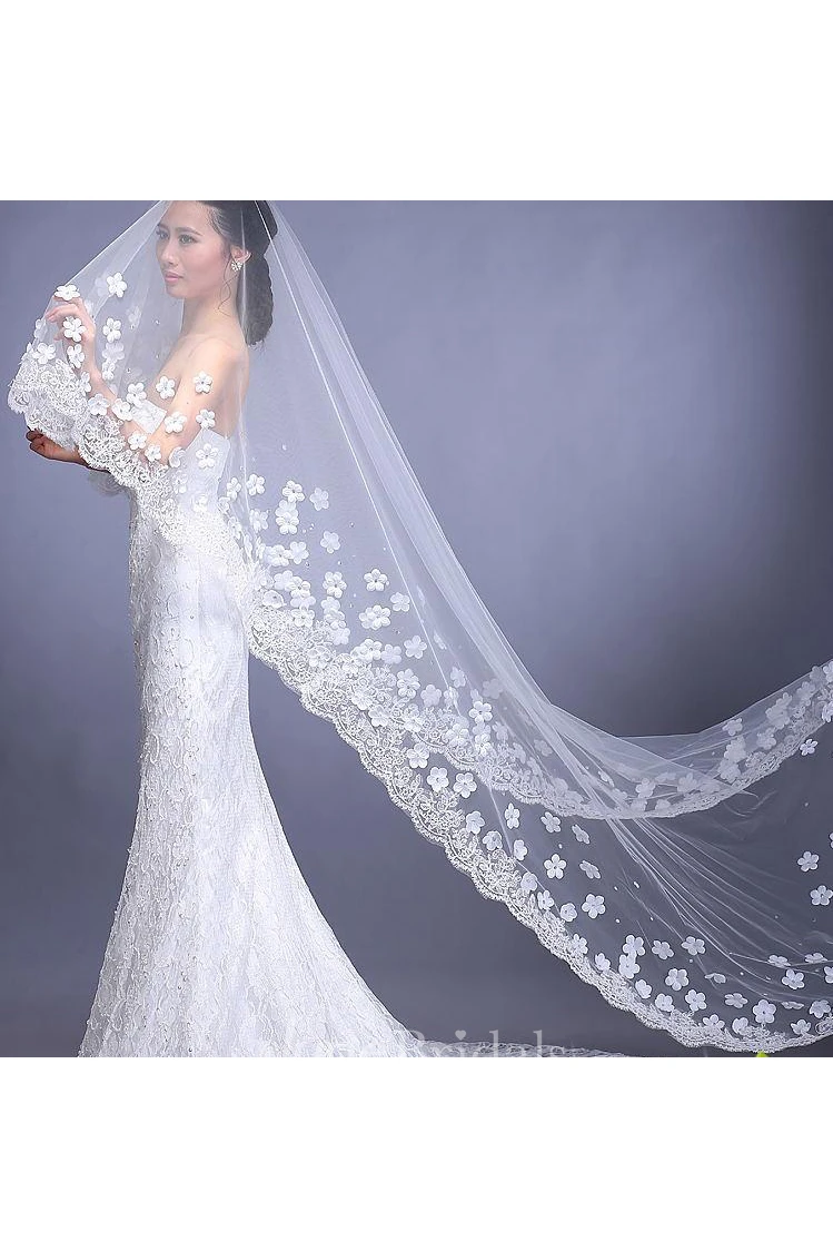 New Style Beautiful Long Wedding Veil with Flowers and Lace Edge