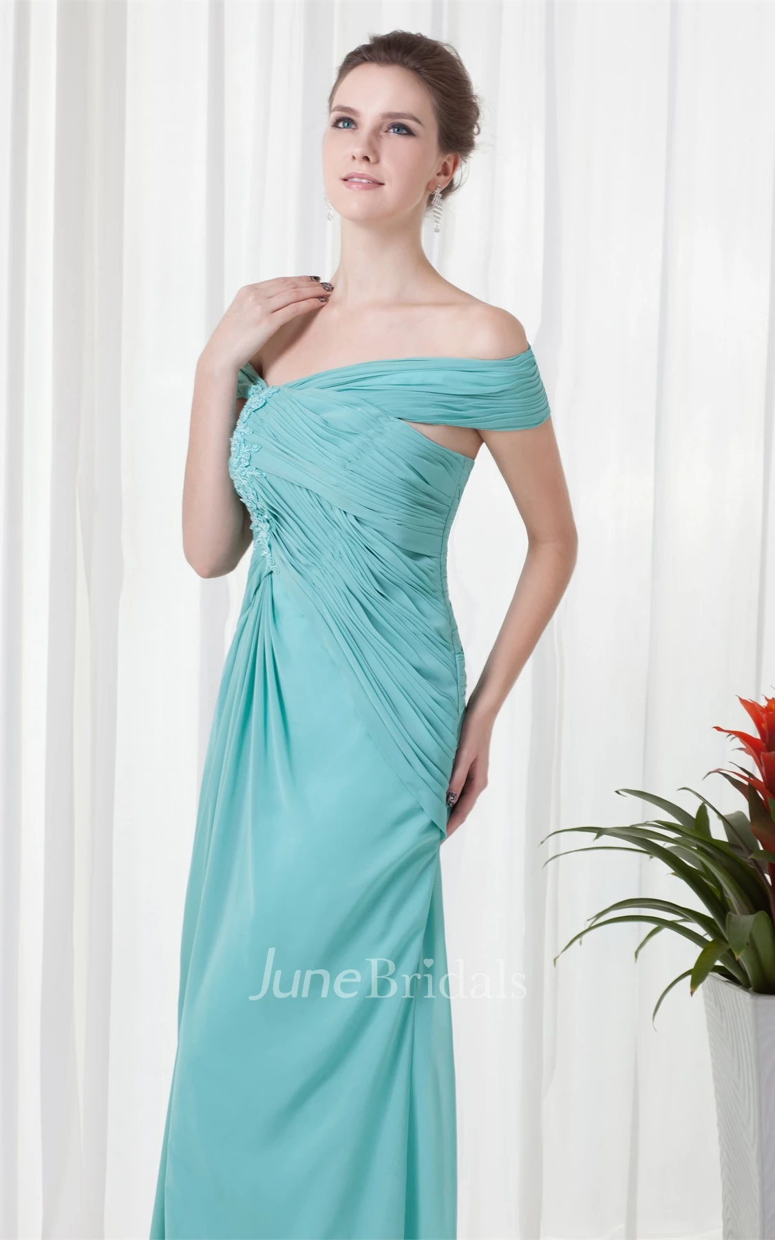 Off-The-Shoulder Chiffon Front-Split Dress with Ruching and Appliques