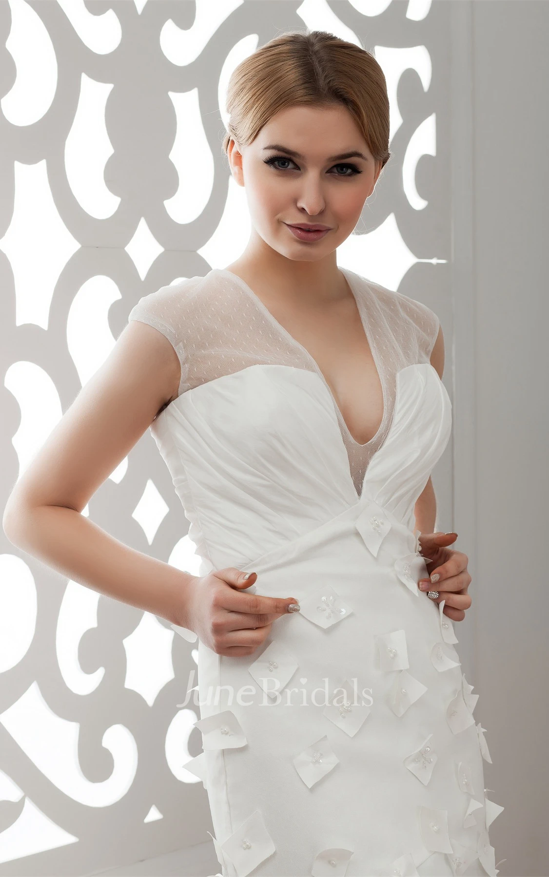 Plunged Illusion Floor-Length Dress with Ruching and Flower