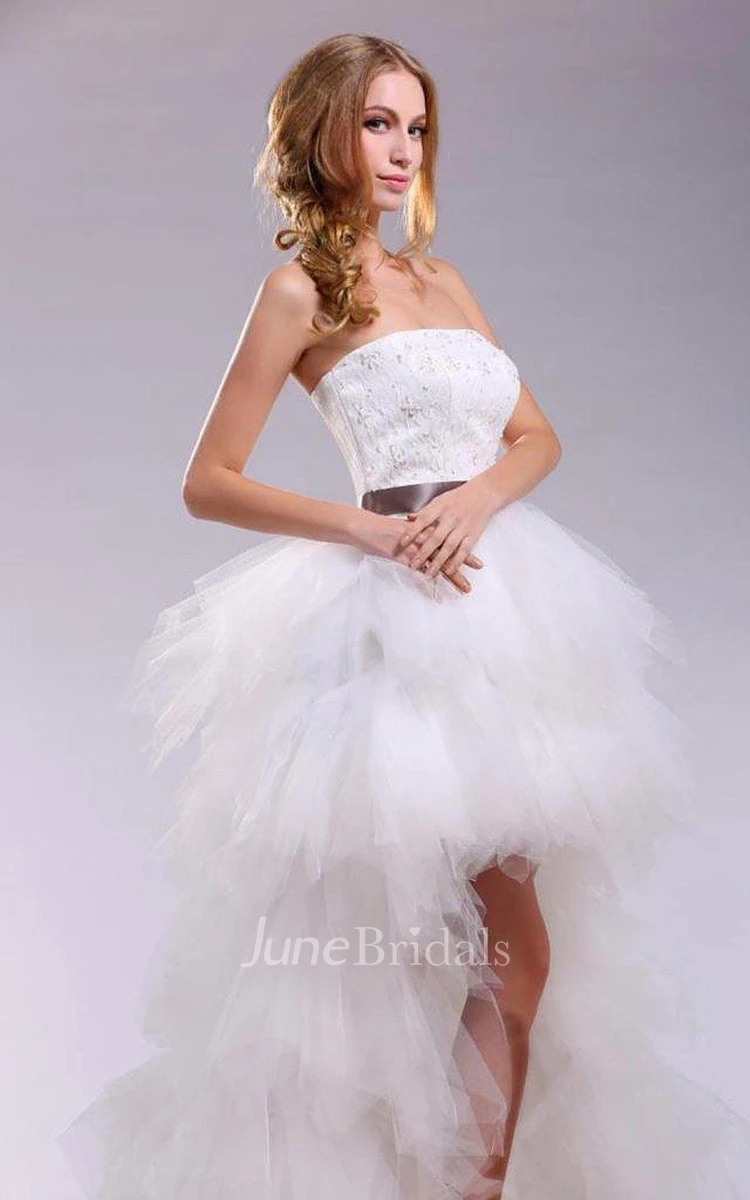 Strapless High-low Tulle Dress With Satin Sash