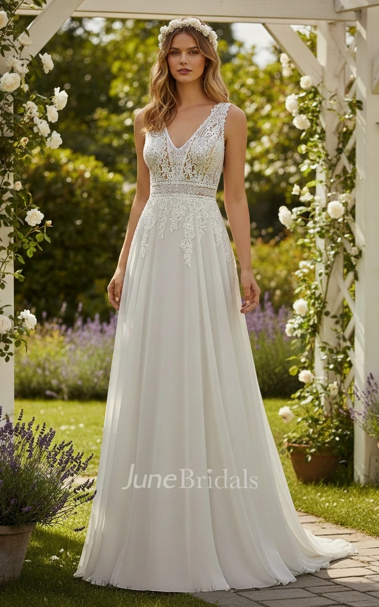 Bohemian Beach A-Line V-neck Flower Lace Sleeveless Floor-length Spring Wedding Dress with Keyhole Back