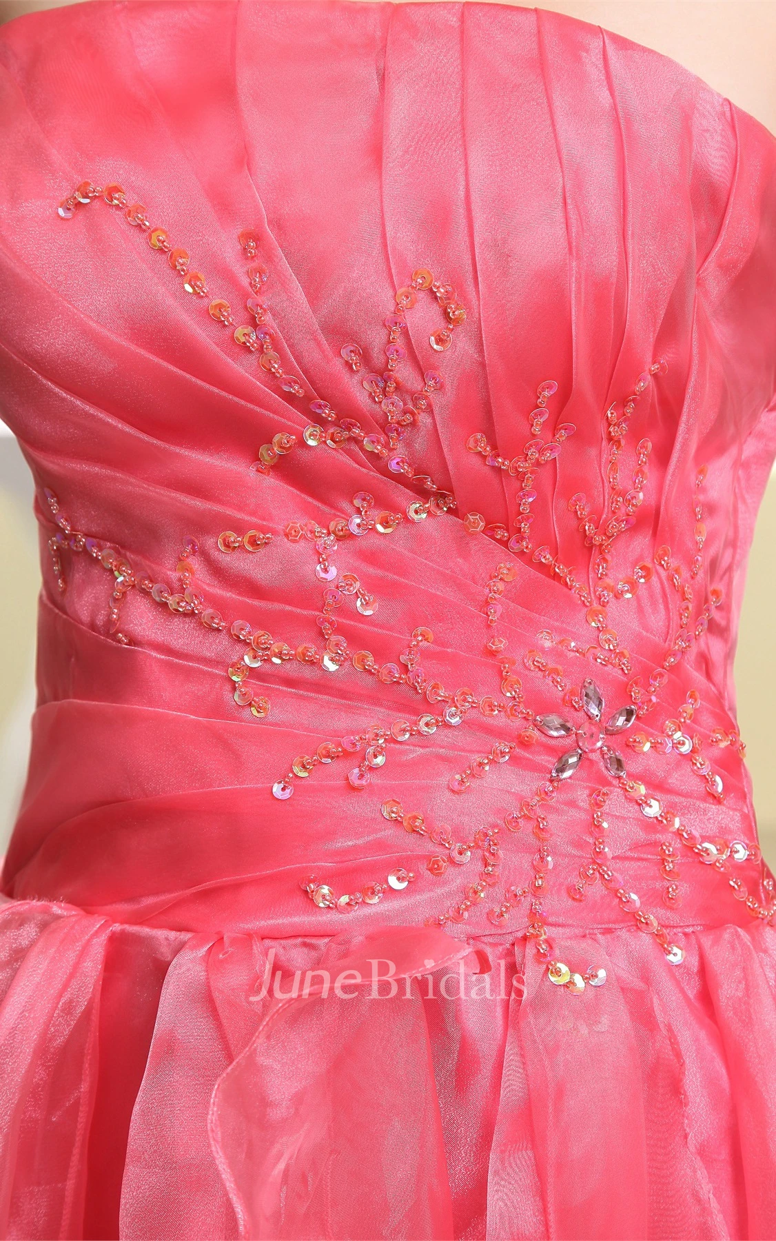 Strapless High-Low Dress with Beading and Cascading Ruffles