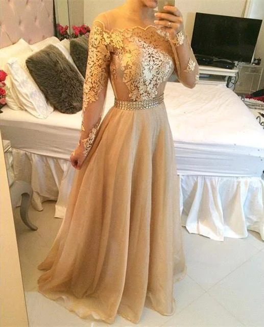 Stunning Long Sleeve A-Line Prom Dresses Long Women's Evening Party Gowns