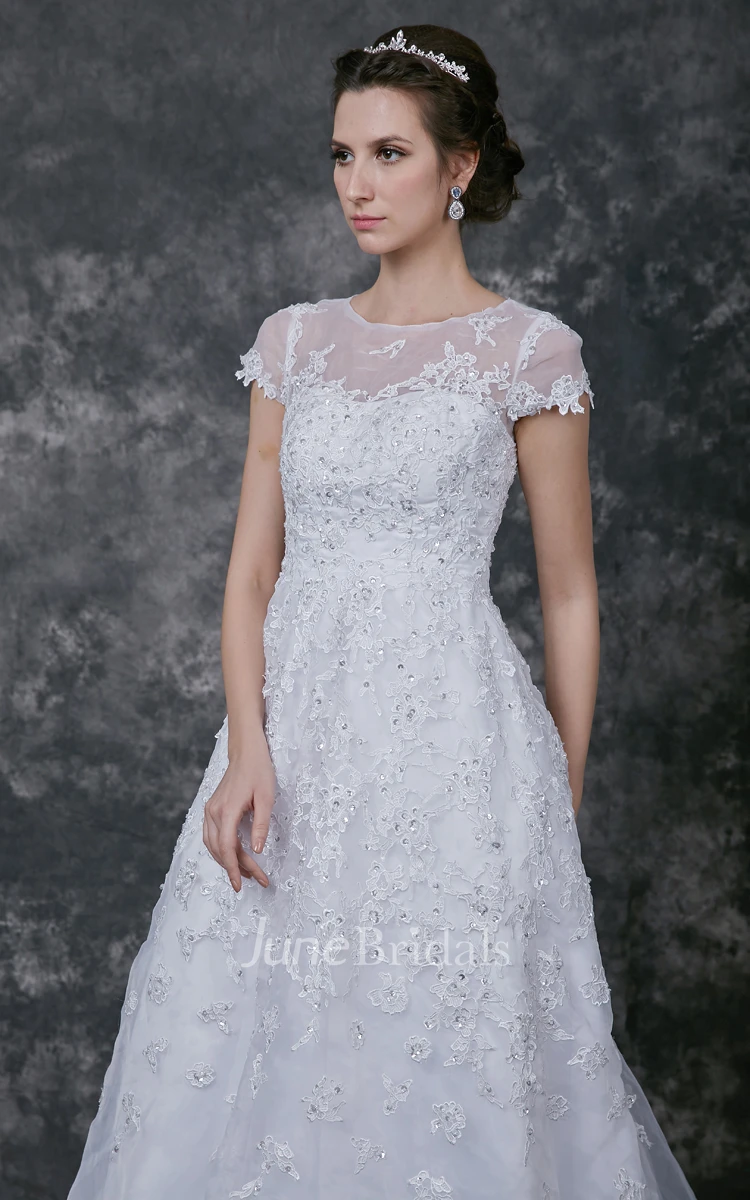 Short Sleeve Tea-length lace Wedding Dress